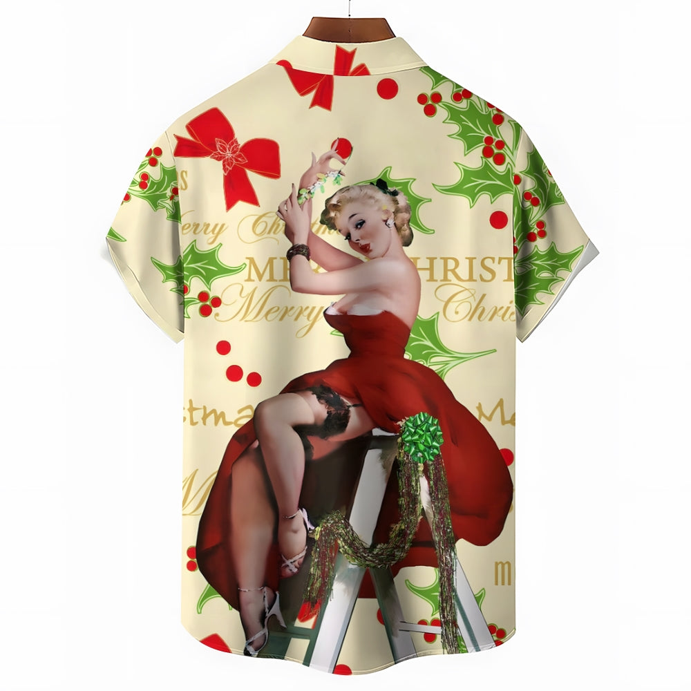 Merry Christmas Sexy Girl Print Casual Short Sleeve Shirt 2411008162