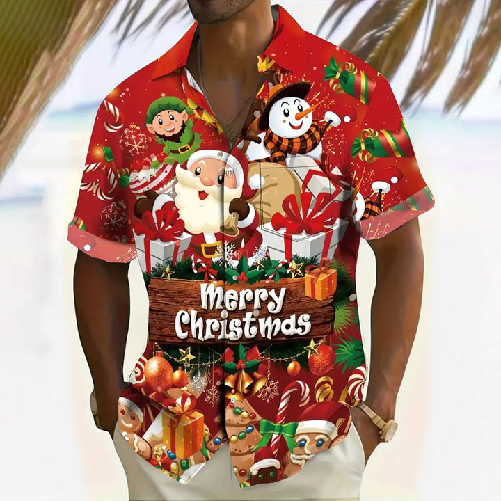 Men's Christmas Cartoon Print Short Sleeve Shirt