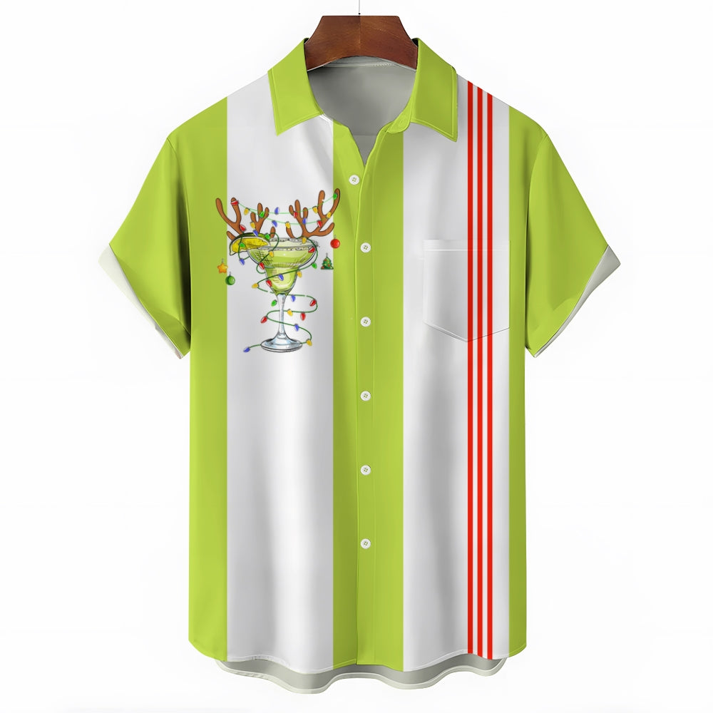 Christmas Cocktail Striped Bowling Short Sleeve Shirt 2411003969