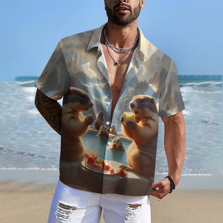 Men's Hawaiian Groundhog Day Print Casual Short Sleeve Shirt 2412004403