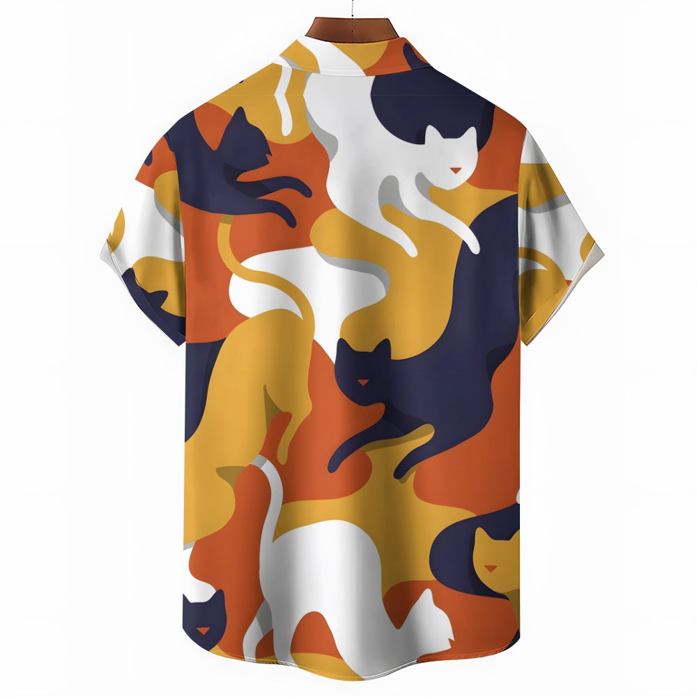 Breast Pocket Abstract Cat Art Casual Short Sleeve Shirt 2402000010