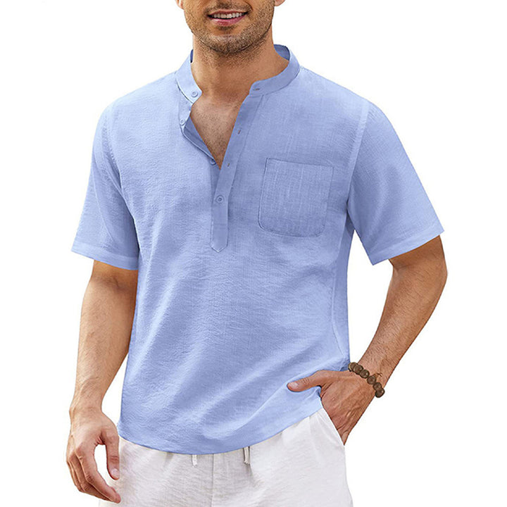 Breathable And Comfortable Cotton And Linen Stand-Up Collar Half-Lapel Short-Sleeved Shirt 2405000991