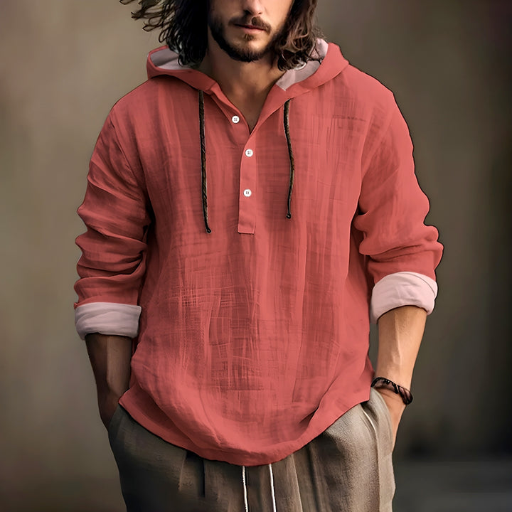 Men Solid Color Autumn Long Sleeve Hooded Cotton Linen Shirts 2407005269