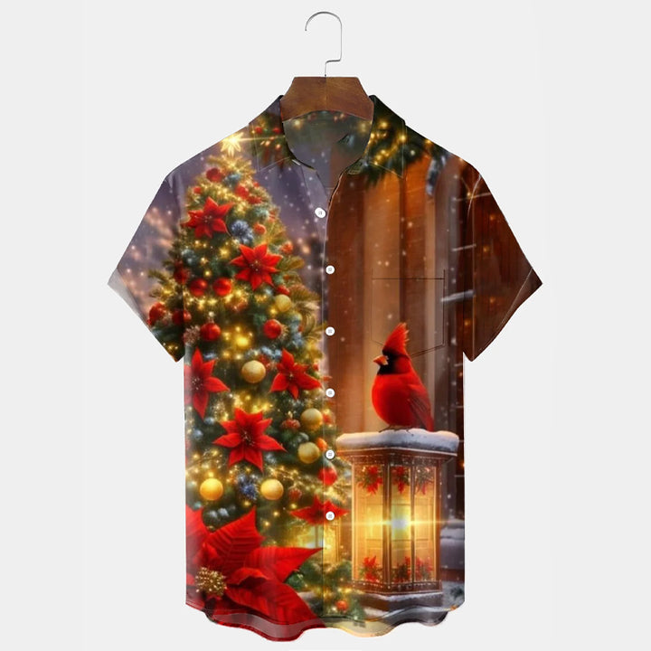 Men's Christmas Tree Parrot Print Short Sleeve Shirt