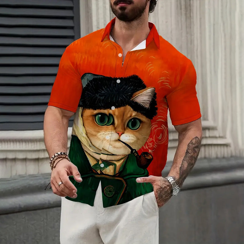 Men's Cat Printed Short Sleeve Shirt