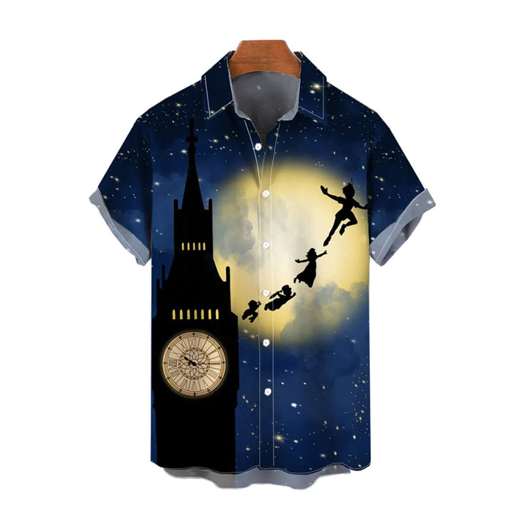 Cartoon Fairy Tale Magic Boy And Clock Tower Silhouettes Printing Shirt