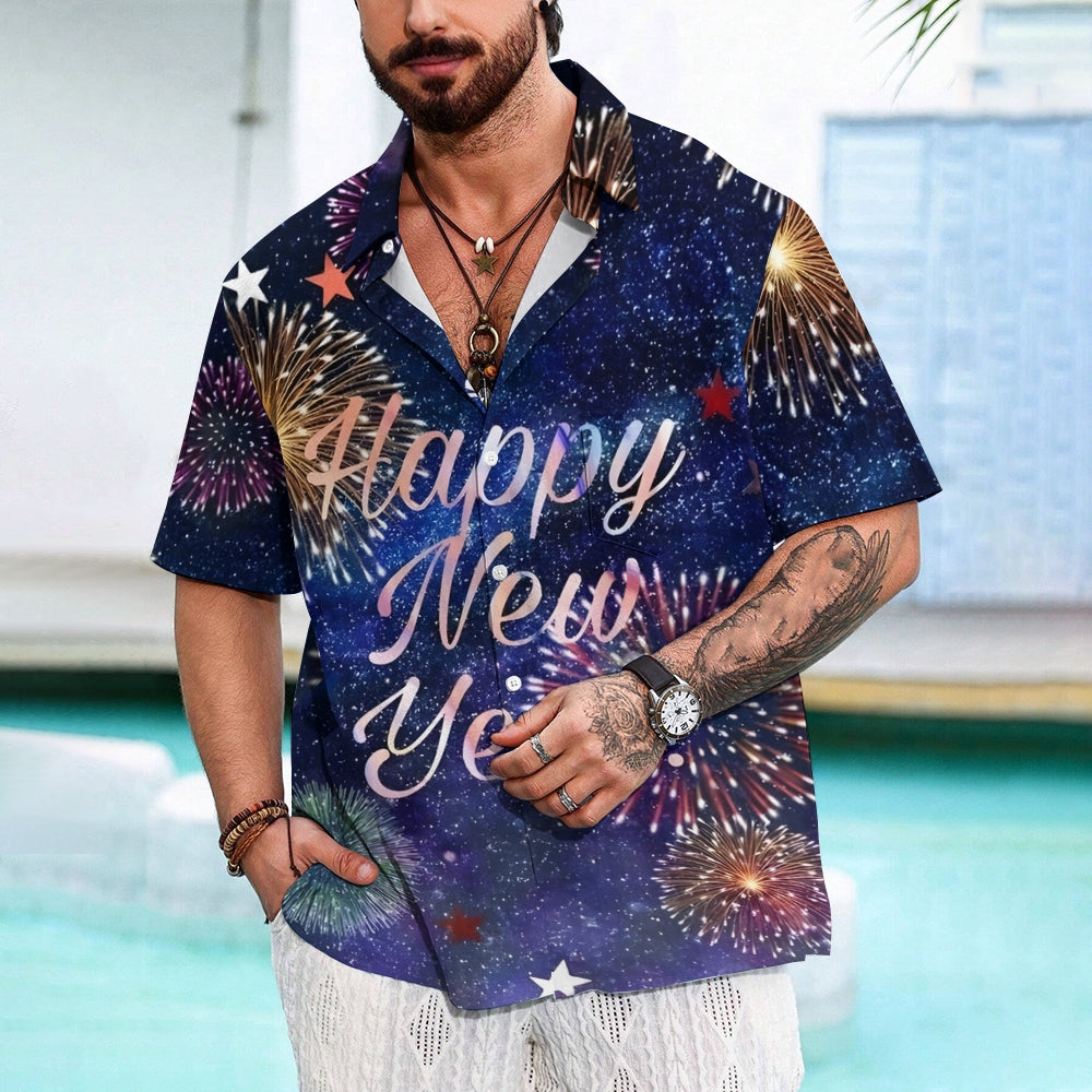 Happy New Year Fireworks Print Casual Short Sleeve Shirt 2410009056