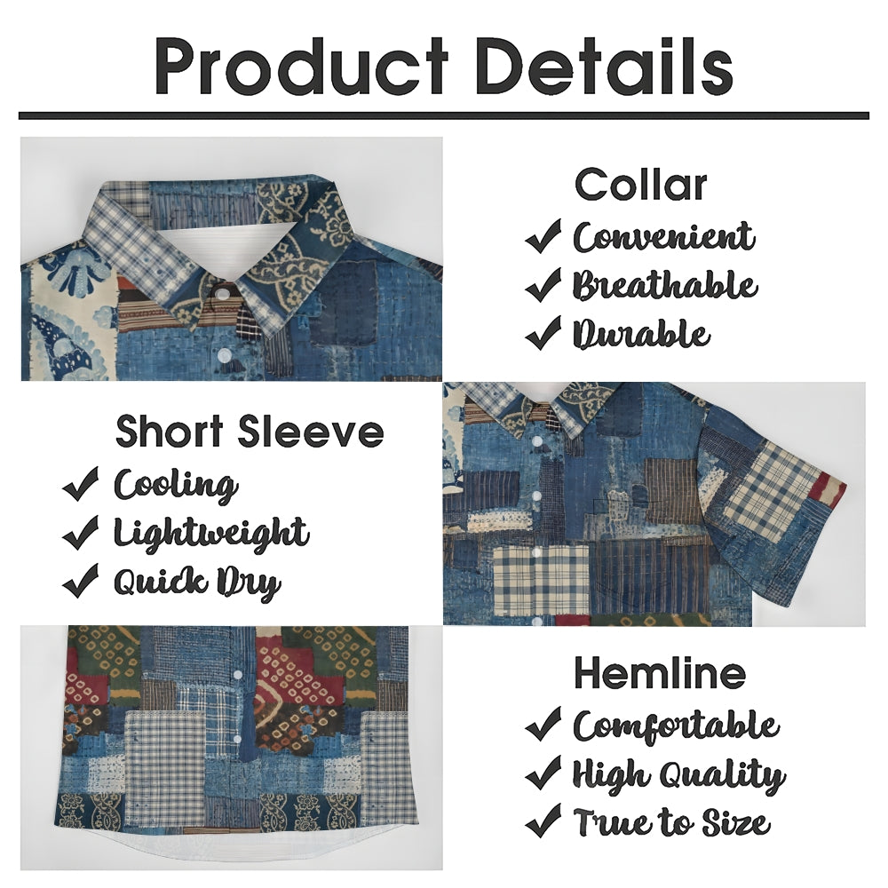 Vintage Denim Print Casual Oversized Short Sleeve Shirt 2407002078