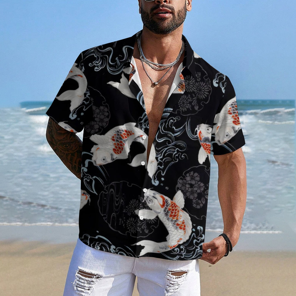 Koi Art Lucky Print Casual Short Sleeve Shirt 2412009968