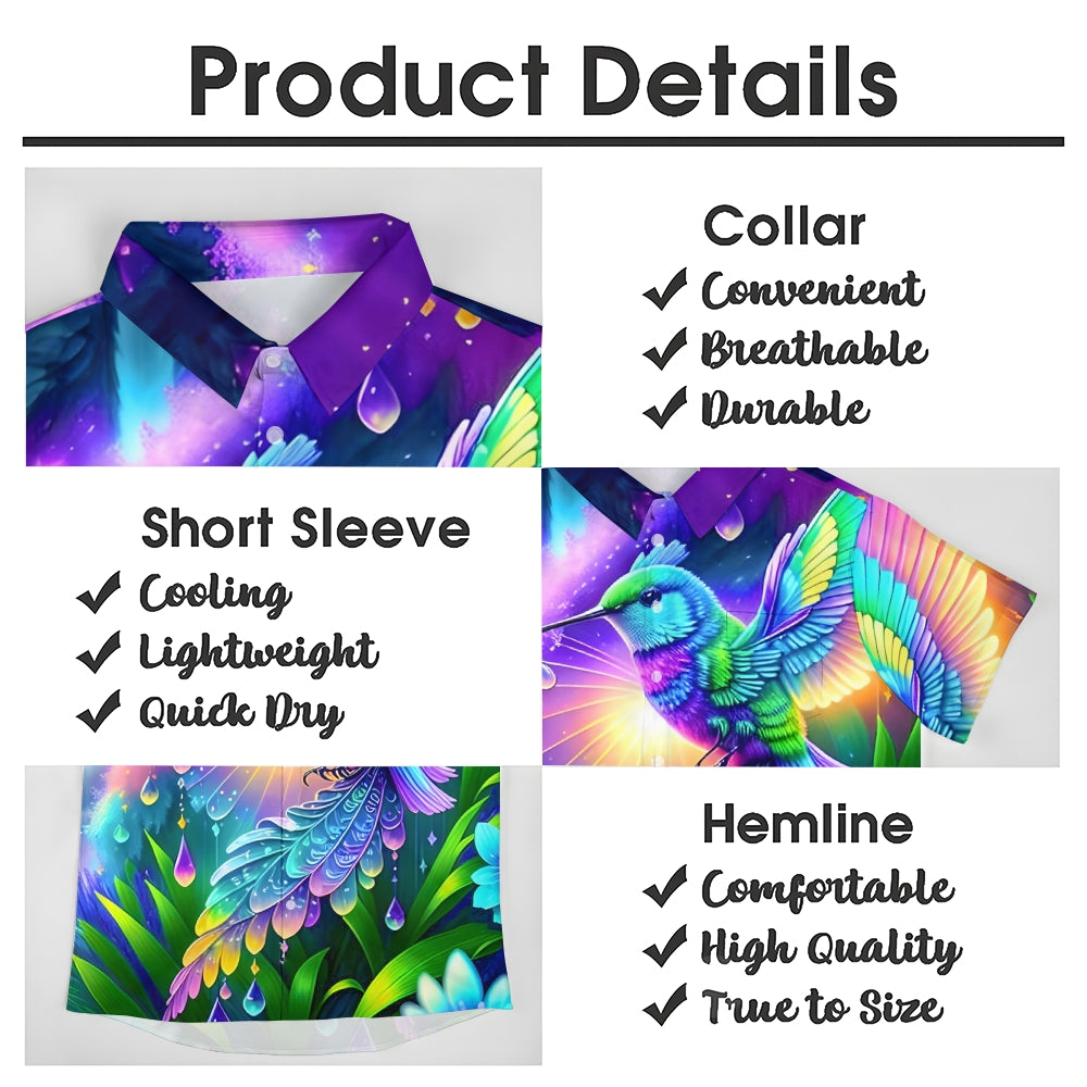 Colorful Hummingbird Print Casual Short Sleeve Shirt 2408004530