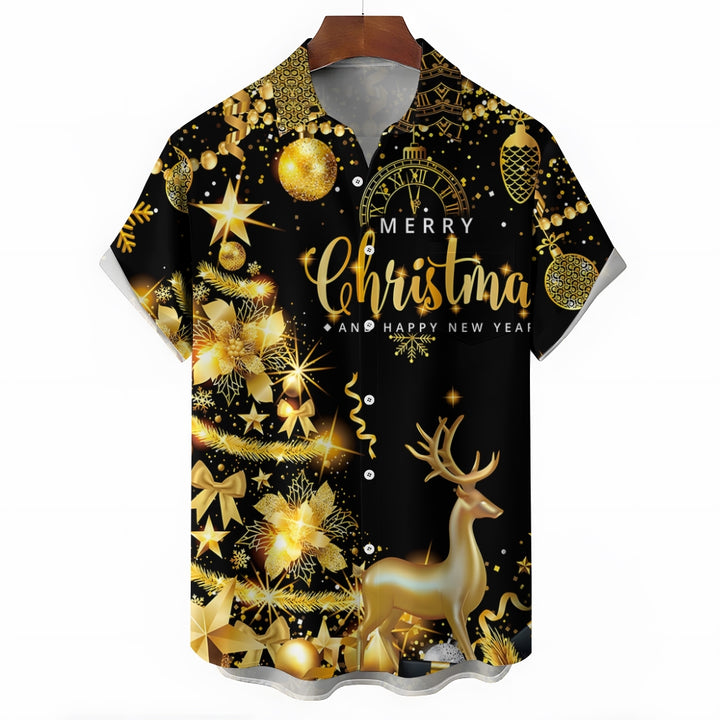 Merry Christmas Gold Glittering Elk Short Sleeve Shirt 2409004956