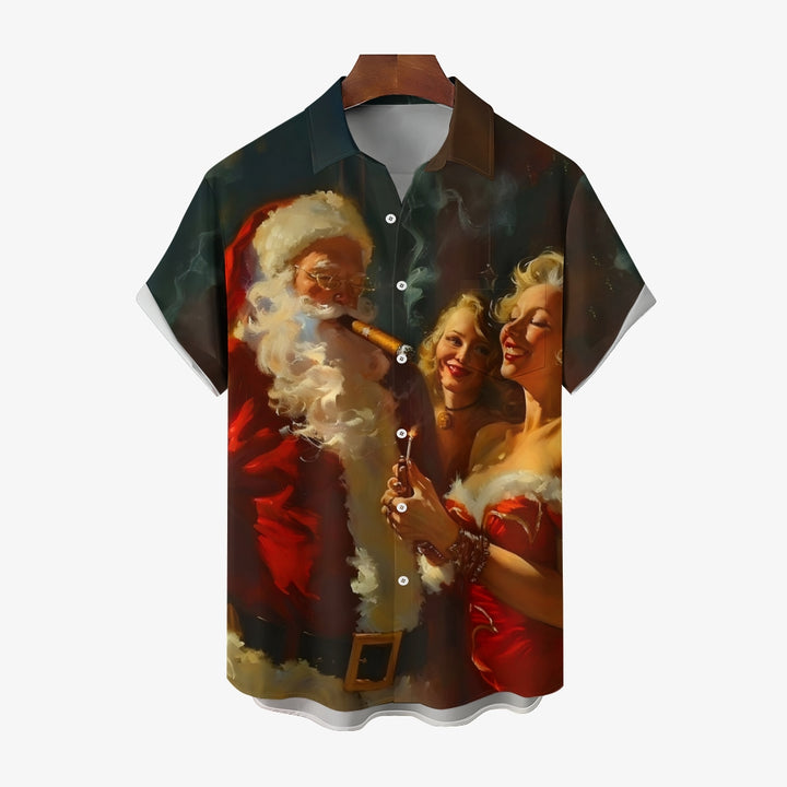 Christmas Santa Claus and Girl Printed Short Sleeve Shirt 2411006433