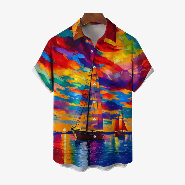 Colorful Sailboat Oil Painting Art Print Short Sleeve Shirt 2408007006