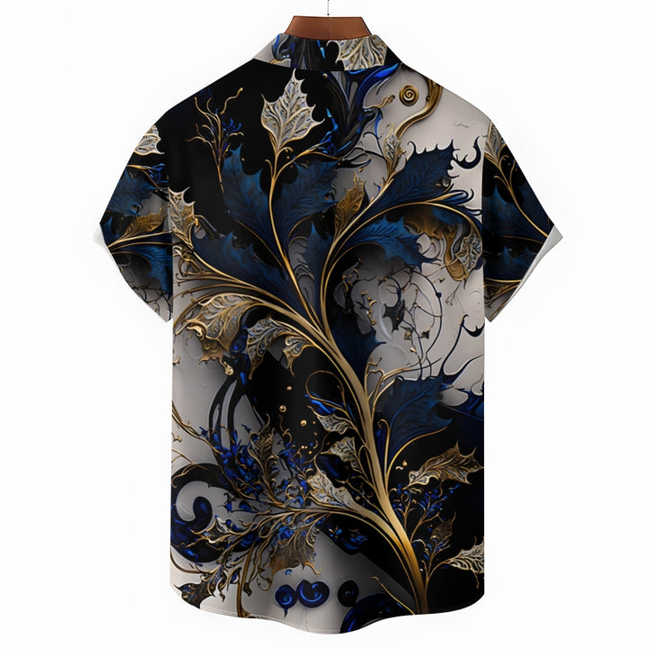 Hawaiian Gilded Art Floral Print Men's Button Pocket Short Sleeve Shirt 2405000204