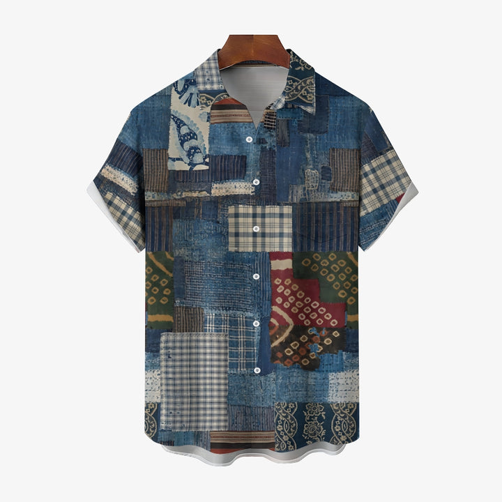 Vintage Denim Print Casual Oversized Short Sleeve Shirt 2407002078