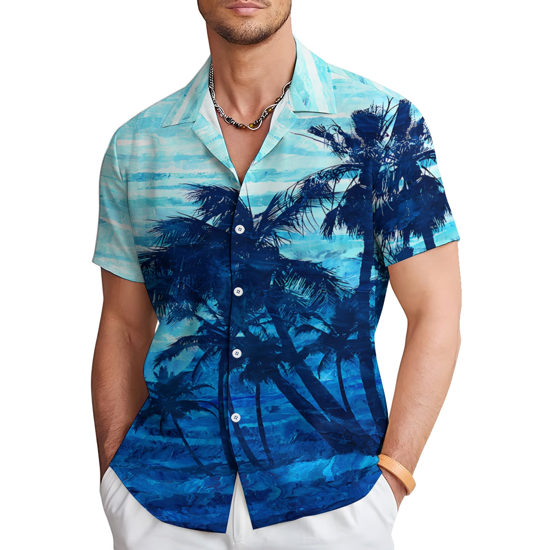 Hawaiian Vacation Palm Tree Print Casual Short Sleeve Shirt 2404000884