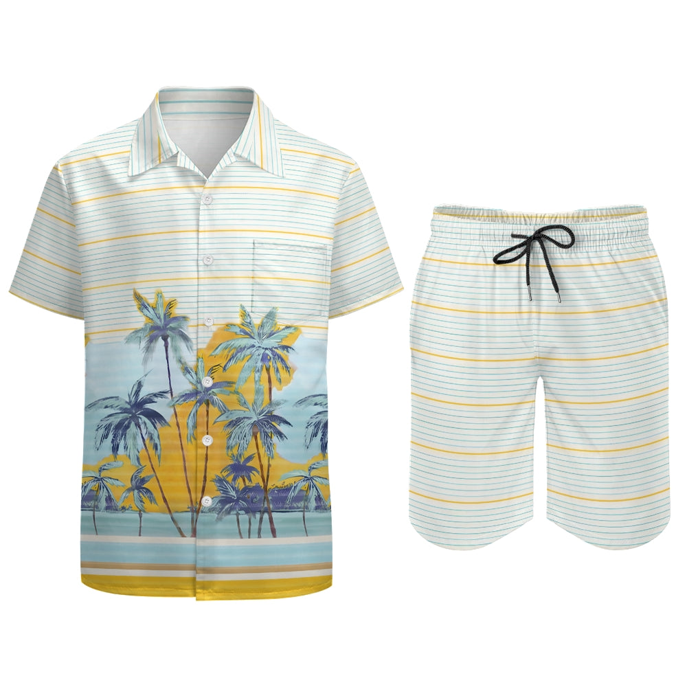 Men's Hawaiian Coconut Stripes Print Beach Two-Piece Suit 2403000603