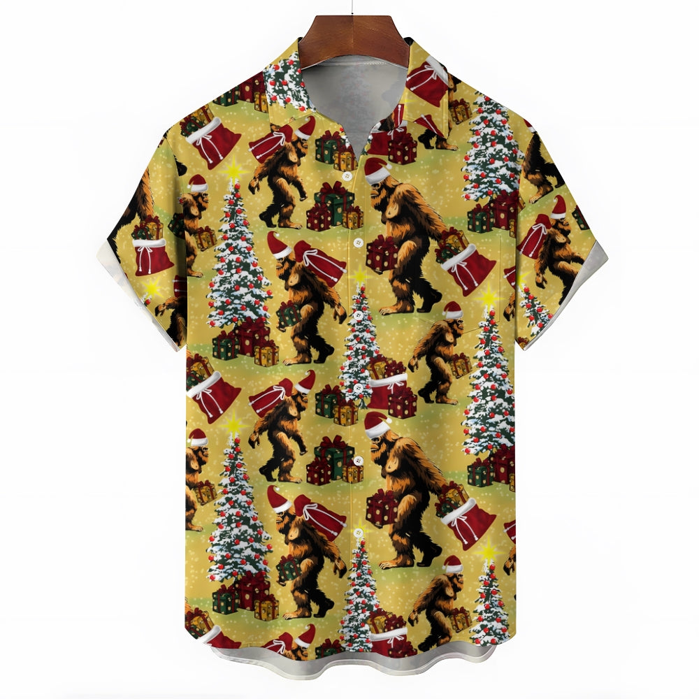 Christmas Bigfoot Gift Print Chest Pocket Short Sleeve Shirt 2411006353