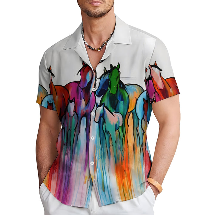 Colorful Horse Art Print Casual Oversized Short Sleeve Shirt 2407002251