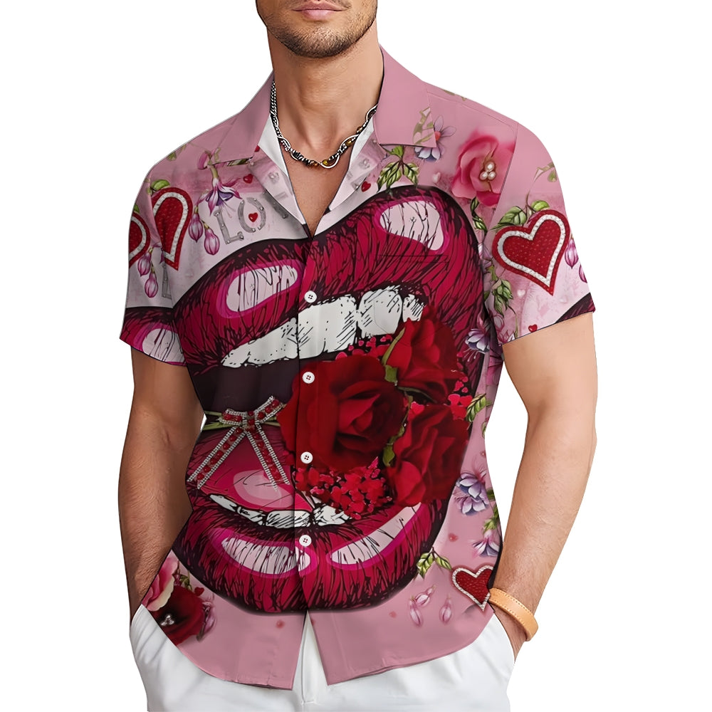 Valentine's Day Rose Lips Casual Short Sleeve Shirt 2412008550