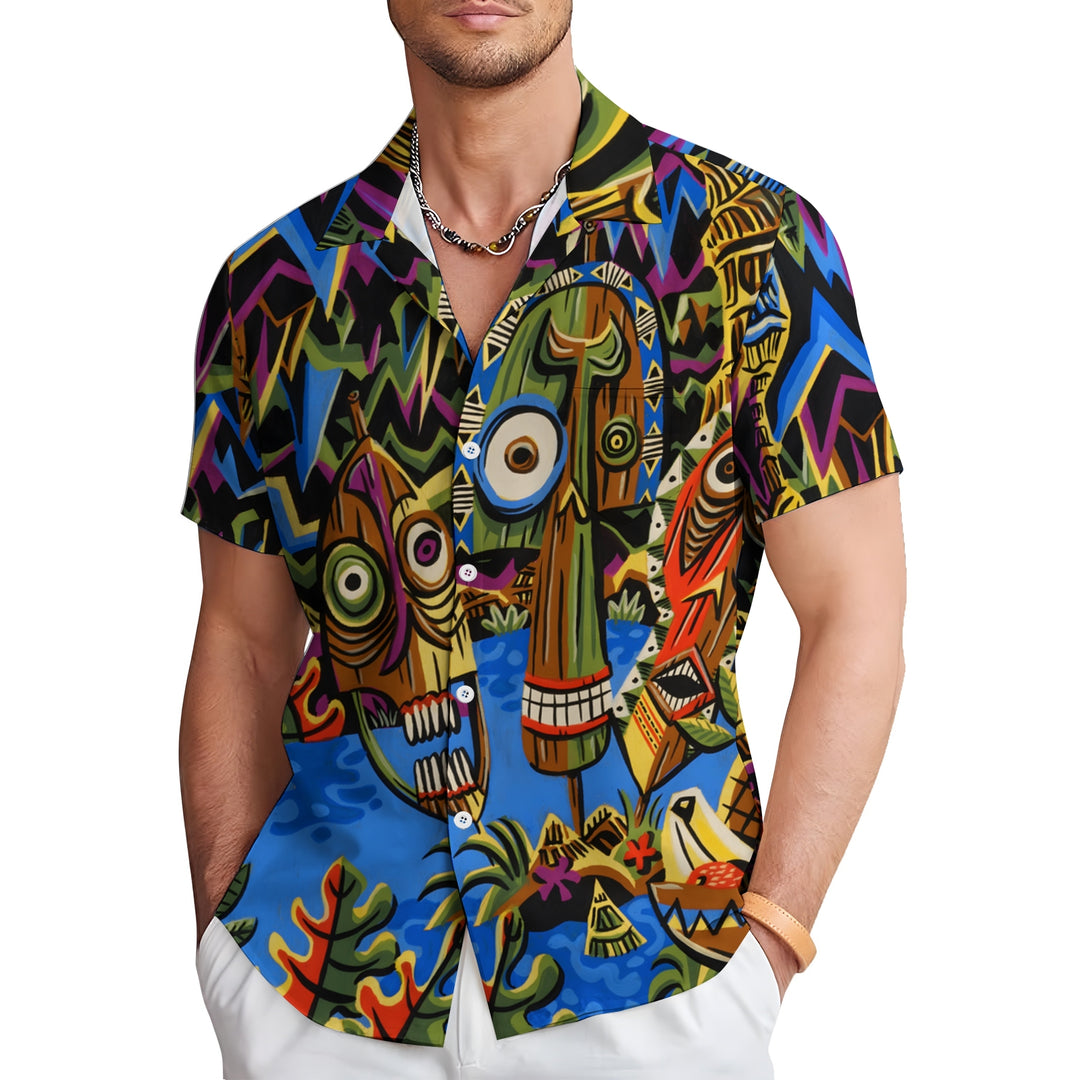 Men's TIKI Art Print Casual Short Sleeve Shirt 2404000288