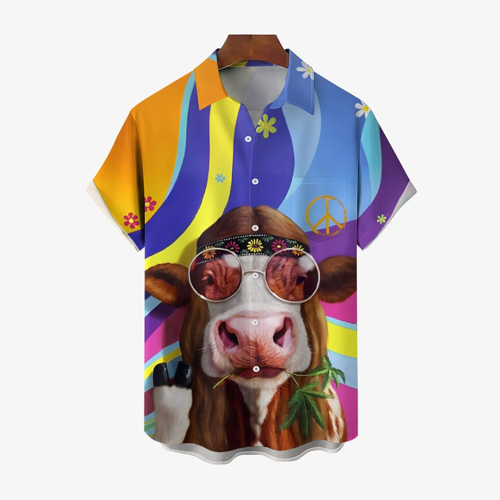 Fun Peaceful Cool Cow Print Casual Short Sleeve Shirt 2412009537