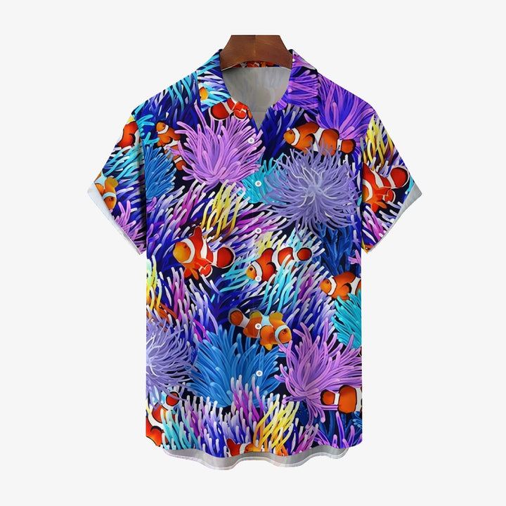 Anemone and Clownfish Linen Short Sleeve Shirt 2409010093