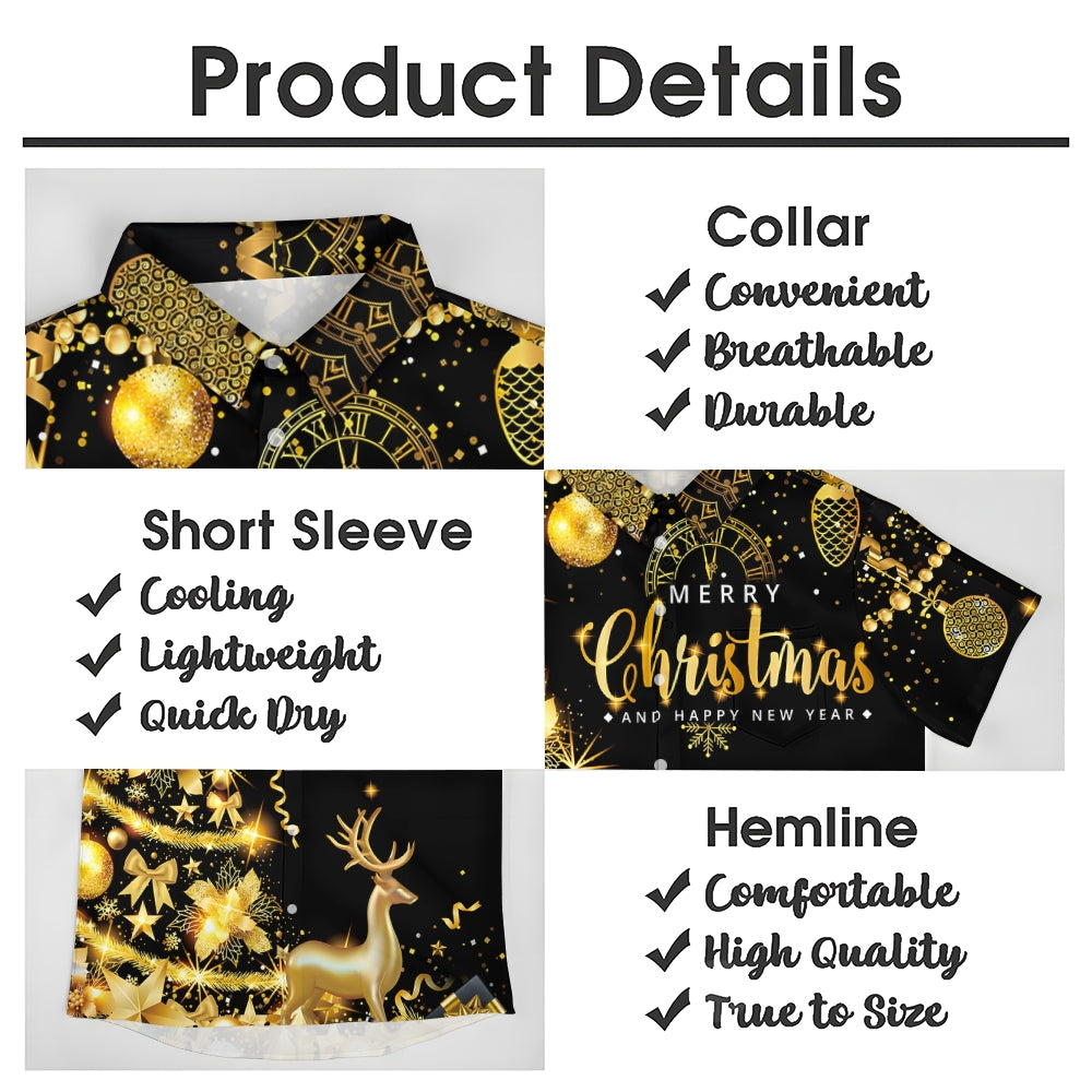 Merry Christmas Gold Glittering Elk Short Sleeve Shirt 2409004956