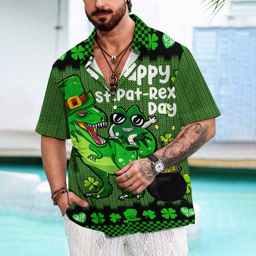 Four Leaf Clover Happy St. Patrick's Day Dinosaur Print Short Sleeve Shirt 2411002288