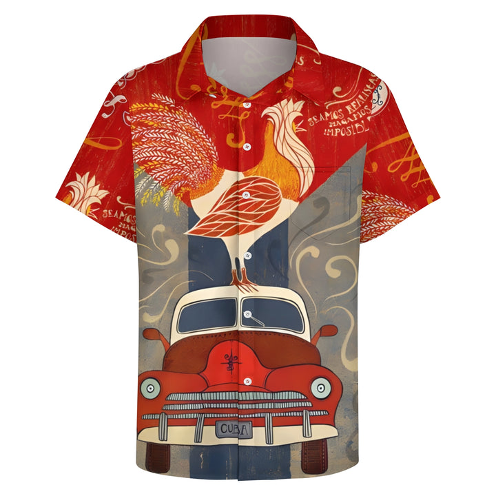 Men's Rooster Car Print Casual Short Sleeve Shirt 2404000452