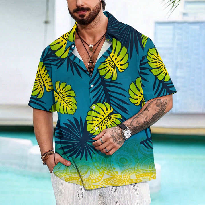 Abstract Geometric Gradient Coconut Tree Print Short Sleeve Shirt 2412006315