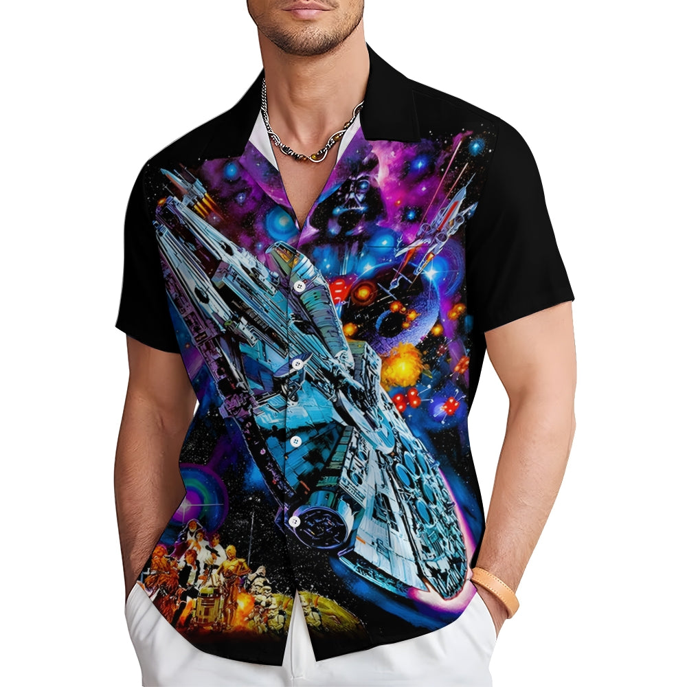 Futuristic Spaceship Print Casual Short Sleeve Shirt 2412005951