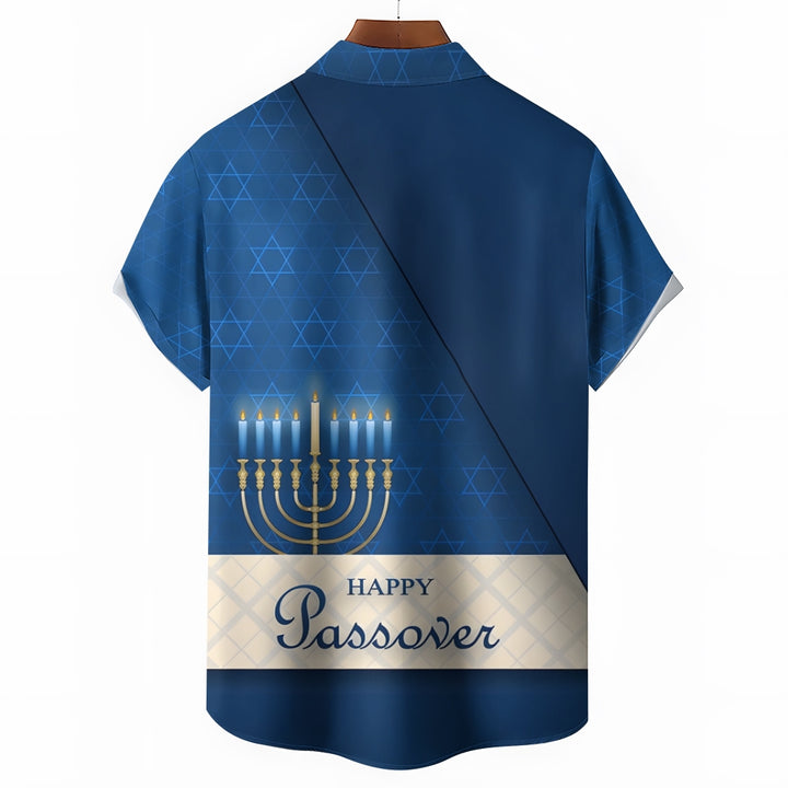 Happy Hanukkah Candle Print Short Sleeve Shirt 2411011968