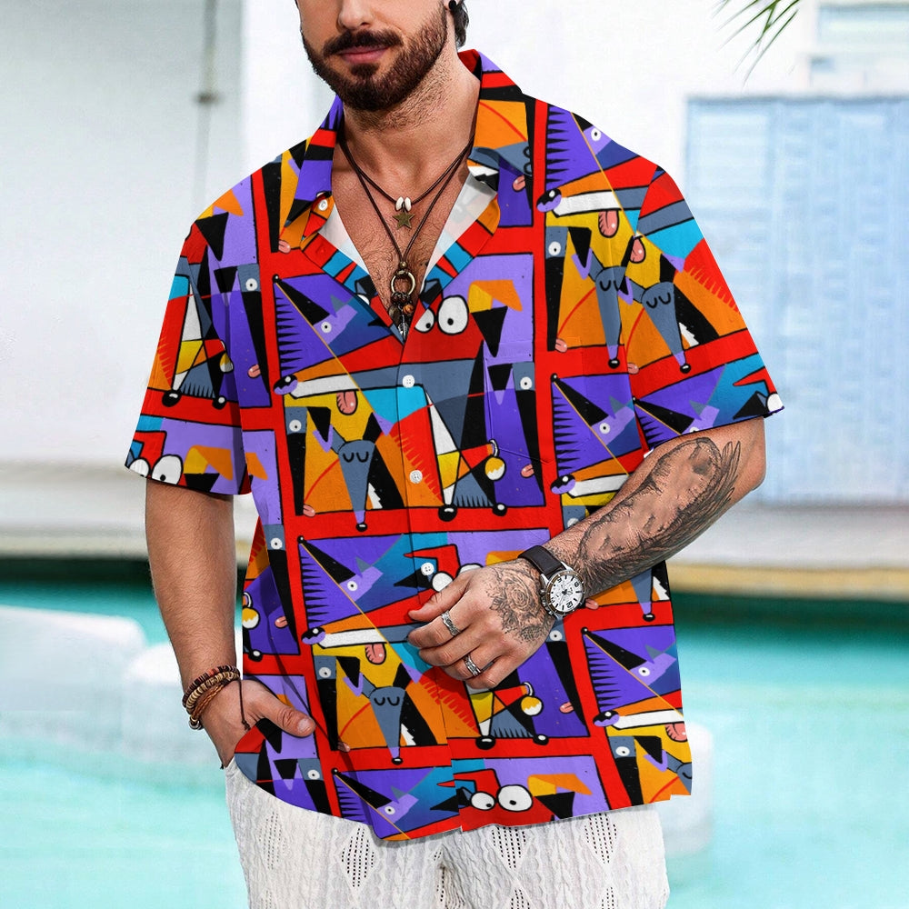 Geometric Hound Print Casual Short Sleeve Shirt 2409001584