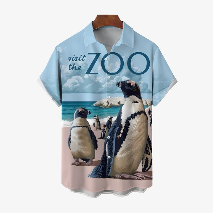 Retro Poster Zoo Penguin Print Chest Pocket Short Sleeve Shirt 2411005997