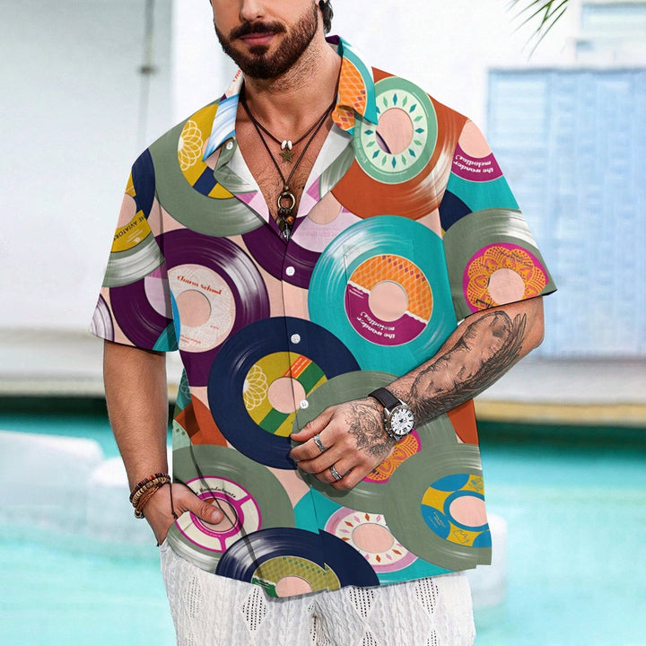 Men's Music Vinyl Record Linen Short Sleeve Shirt 2409010083