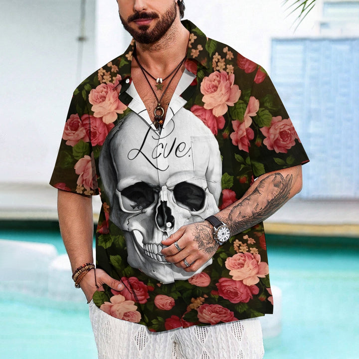 Valentine's Day "Love and Death" Skull Rose Print Casual Short Sleeve Shirt 2412002789