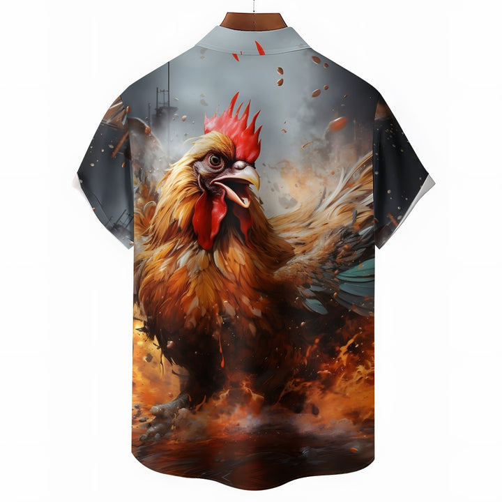 Rooster Print Casual Short Sleeve Shirt 2405001041