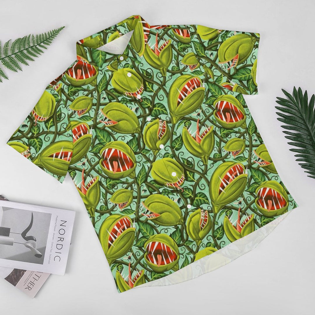 Men's Flytrap Print Casual Fashion Chest Pocket Short Sleeve Shirt 2307101586