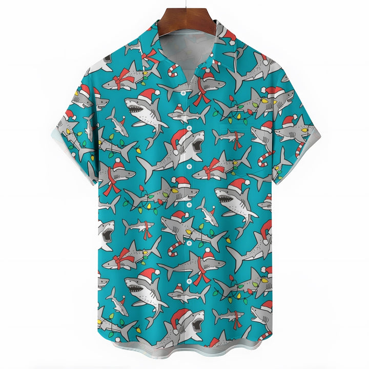 Christmas Shark Print Casual Oversized Short Sleeve Shirt 2407005541