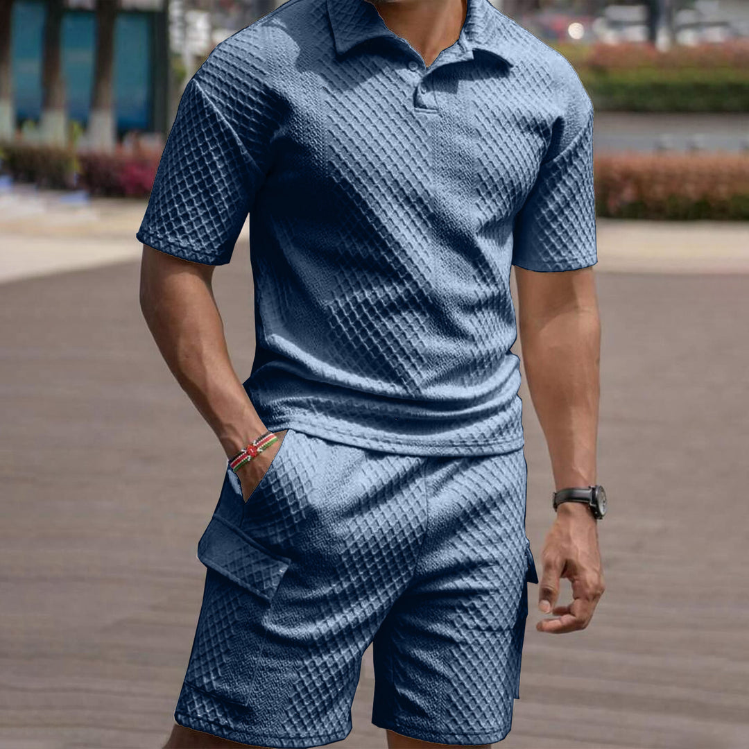 Men's Solid Color Textured Fabric Short-Sleeved Polo Shorts Suit