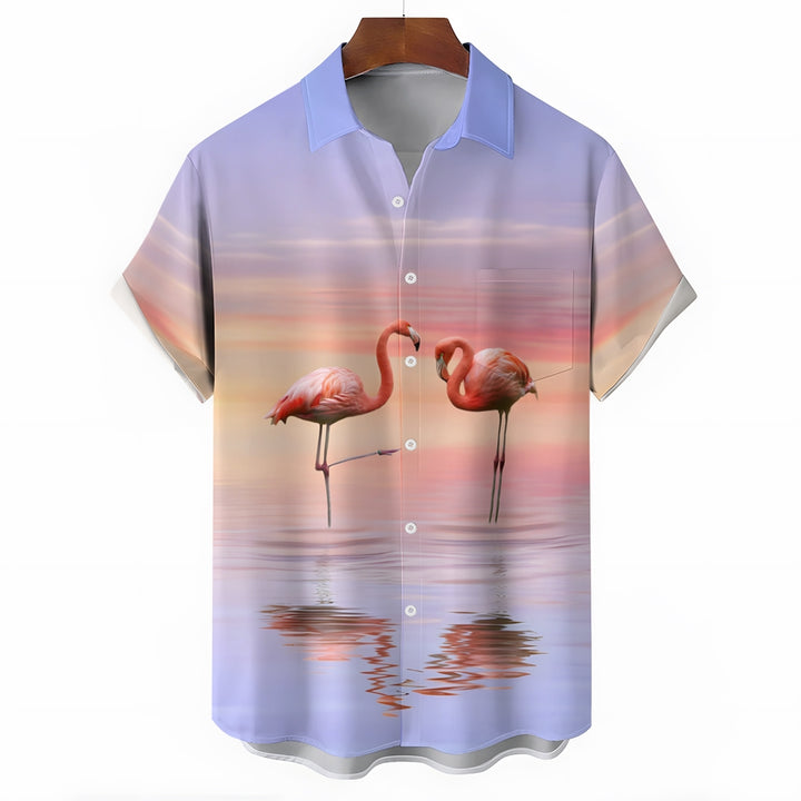 Sunset Flamingo Casual Short Sleeve Shirt 2409002763