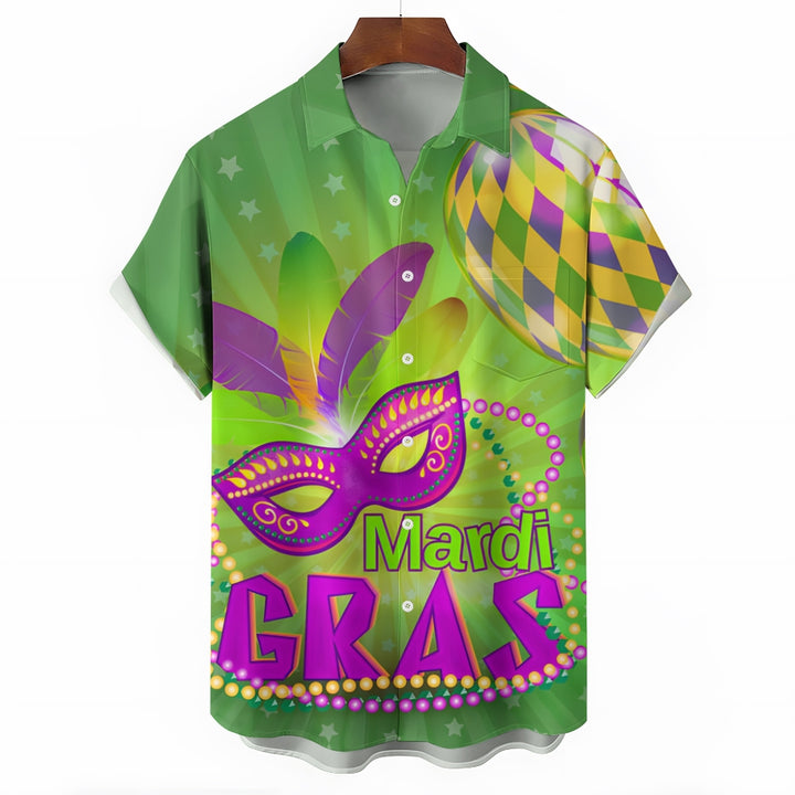 Men's Mardi Gras Mask Print Casual Short Sleeve Shirt 2412002274