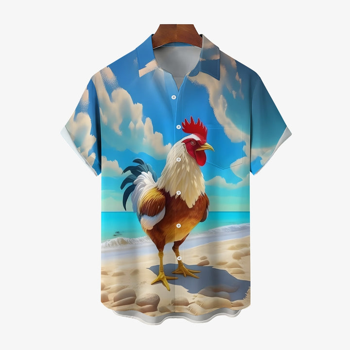Rooster Print Resort Casual Short Sleeve Shirt 2405002089