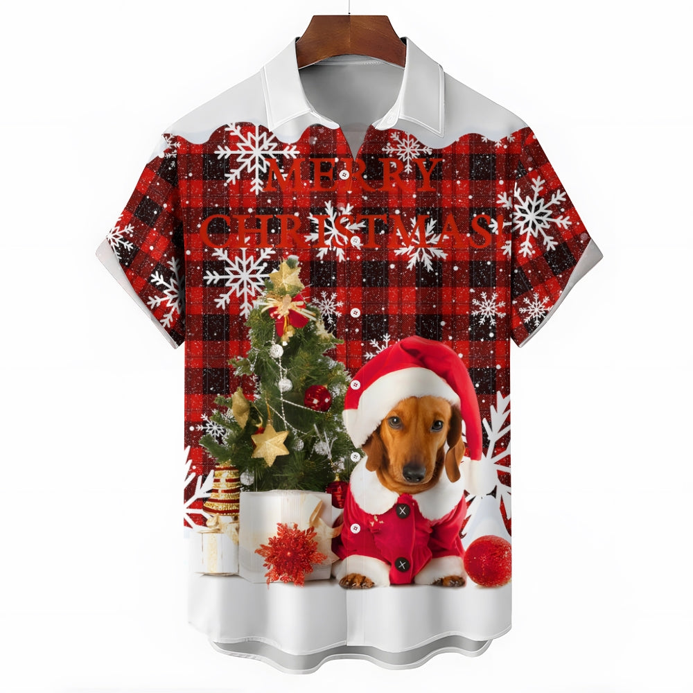 Dachshund Christmas Plaid Print Short Sleeve Shirt 2410003794