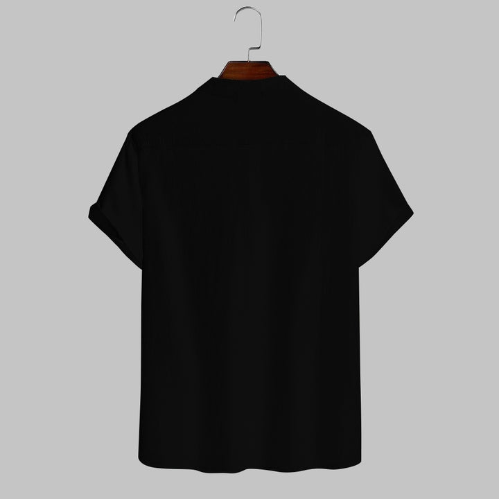Cartoon Cotton And Linen Stand-Up Collar Half-Lapel Short-Sleeved Shirt 2405001031