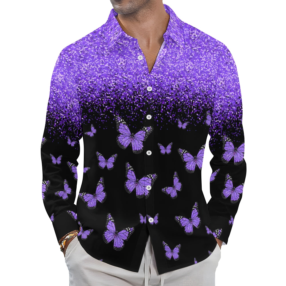 Men's Purple Glitter Butterfly Printed Long Sleeve Shirt 2412005344