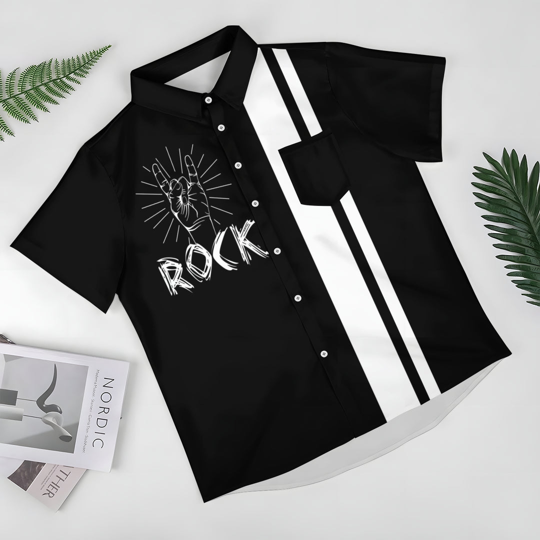 Rock Music Print Bowling Shirt Plus Size Casual Short Sleeve Shirt 2404000704