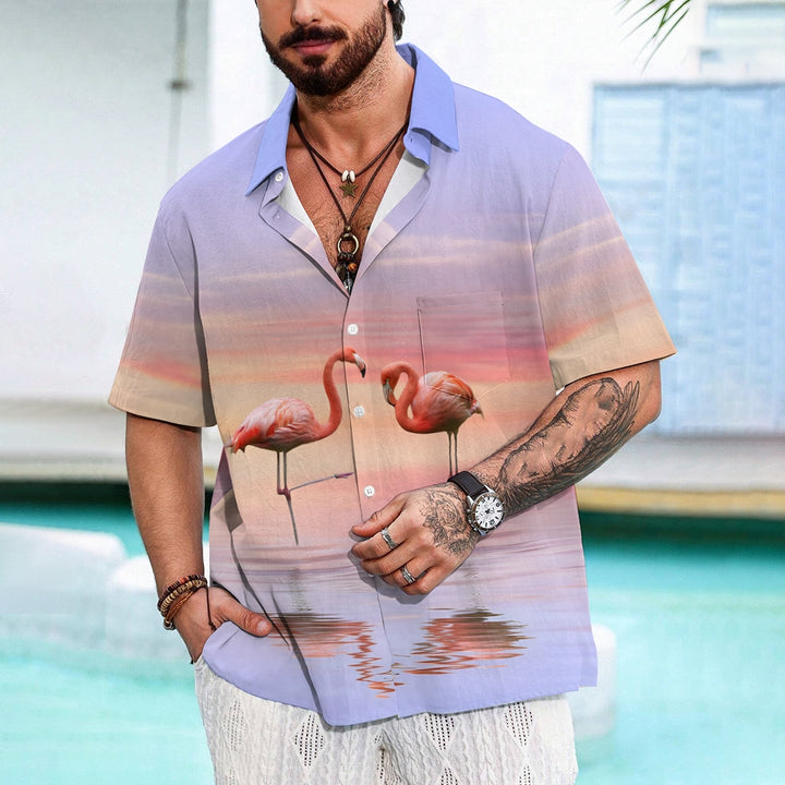 Sunset Flamingo Casual Short Sleeve Shirt 2409002763