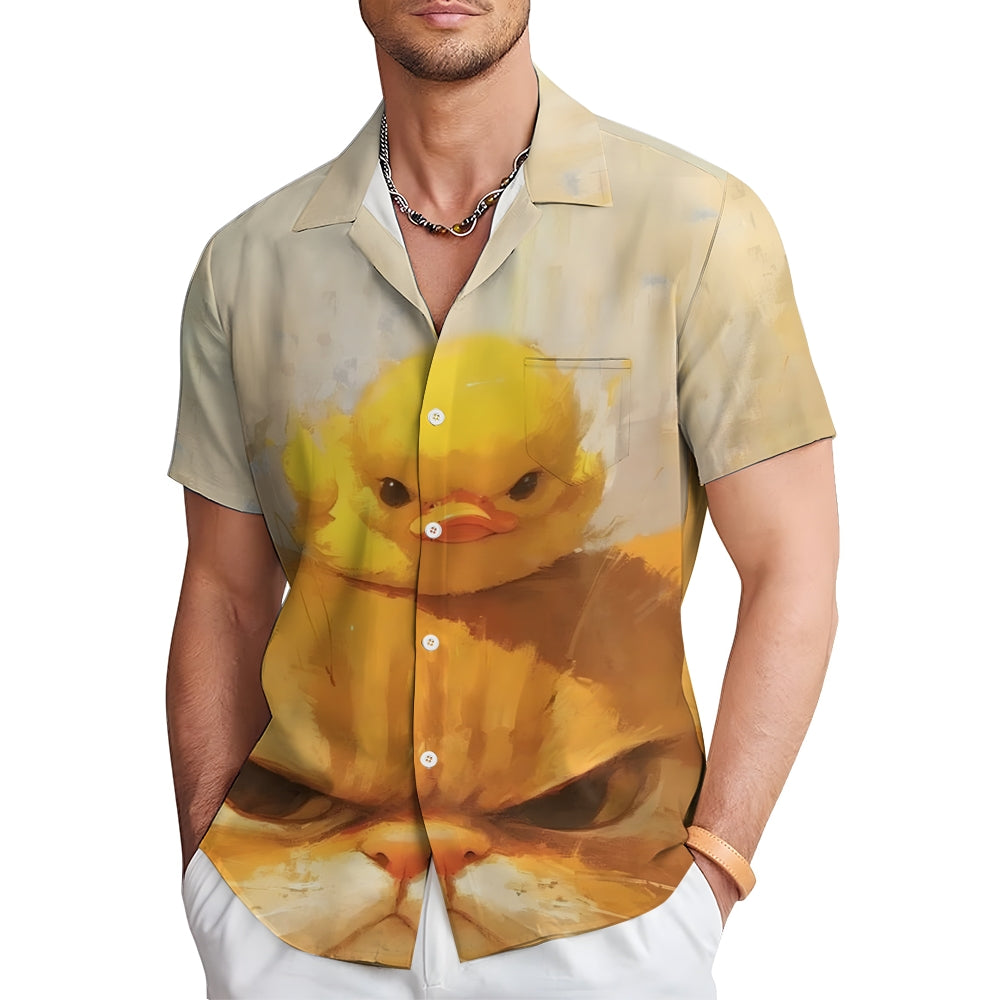 Angry Cat And Duck Print Casual Short Sleeve Shirt 2410005535